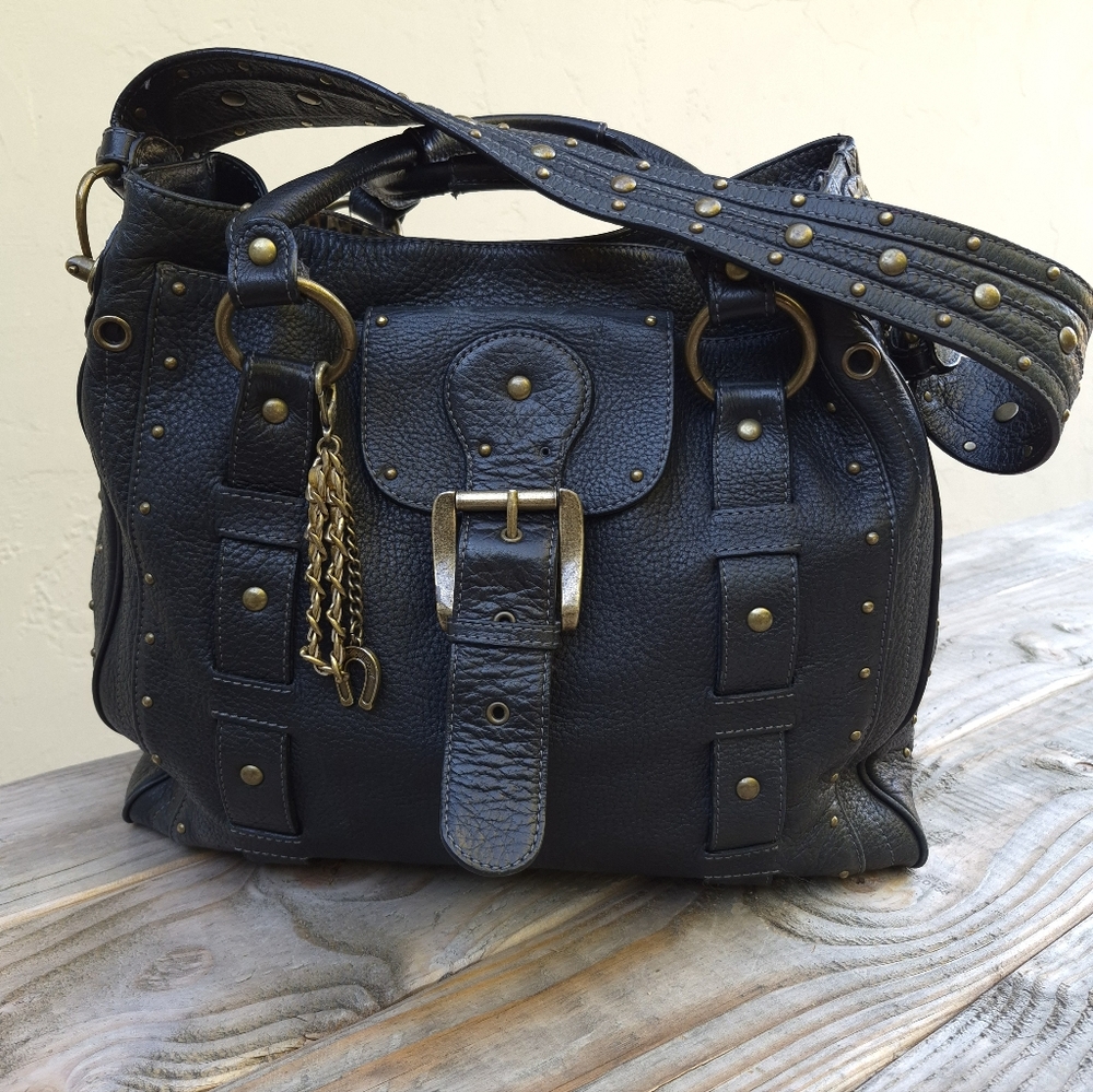 Betsey Johnson Black Studded Leather Satchel with Gold Hardware
